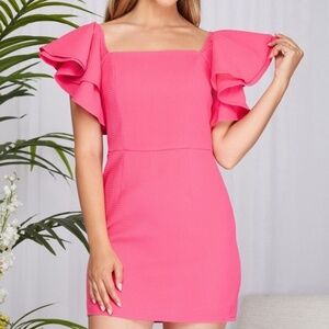 DOUBLE RUFFLED SLEEVE TEXTURED WOVEN DRESS
